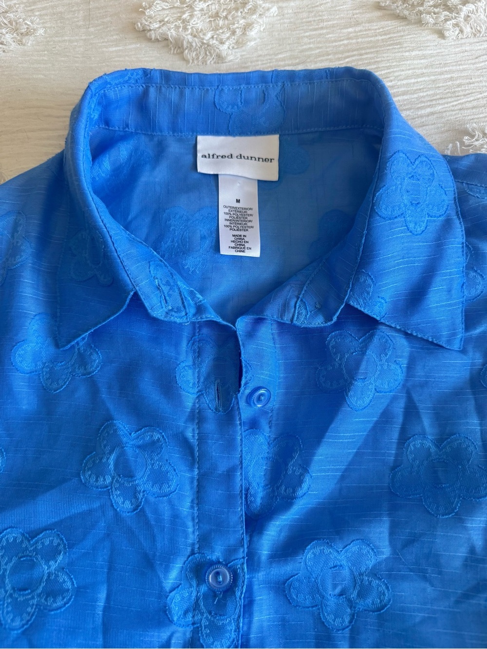 French Blue Floral Daisy Lightweight Summer Button Down 3/4 Sleeve Top